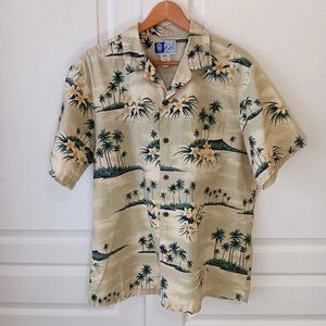 Vintage RJC Men's Pale Yellow Diamond Head View Hibiscus Hawaiian Shirt Size XL